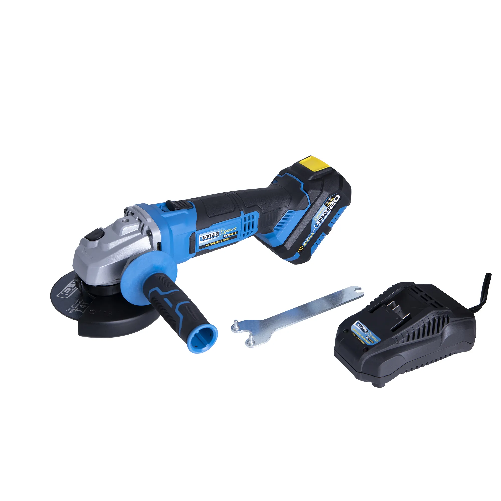 Esmeriladora inalámbrica 4-1/2 pulg, 20V, 10.000 RPM ELITE con Batería, Cargador, Estuche Plástico, Mango Auxiliar, Guarda Disco y Llave de ajuste